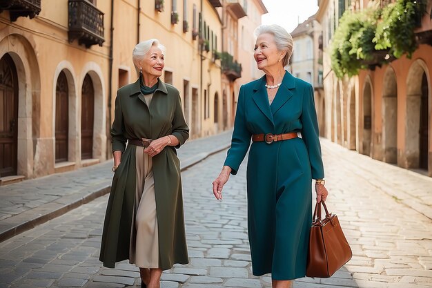 Photo elegant senior woman strolling in beautiful historical city area