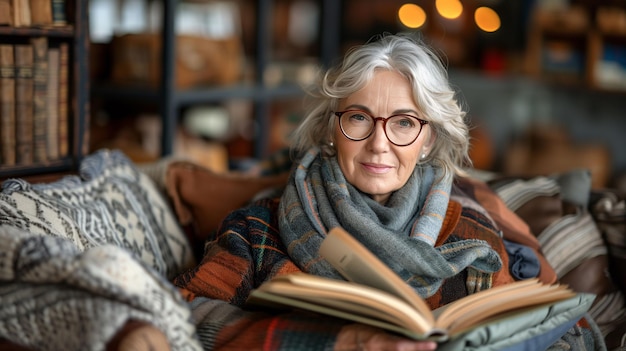 Elegant senior woman with glasses wrapped in a cozy scarf reading a book in a warm inviting home lib