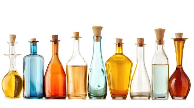 Elegant set of oil glass bottles isolated on a white background