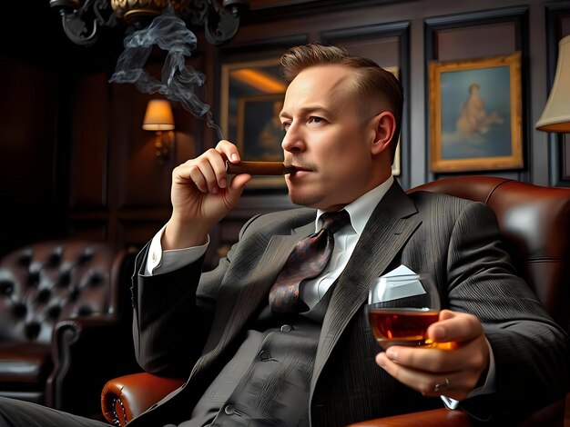 Photo elegant setting with man in classic suit and whiskey