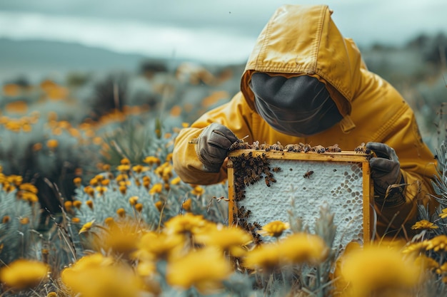 Photo elegant shot of a beekeeper carefully lifting a frame from a hive in a minimalist setting