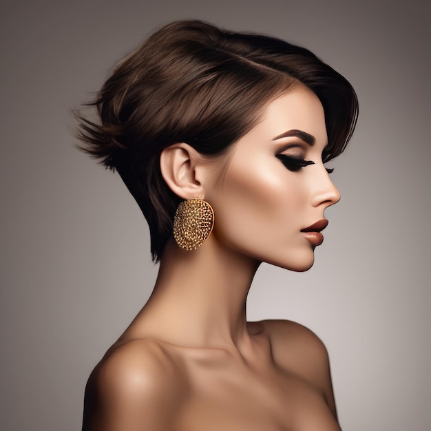 Elegant sideprofile portrait of a woman with chic short haircut and statement earrings