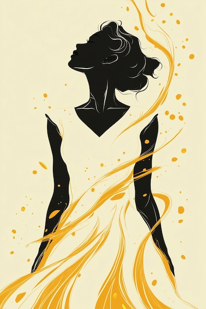 Photo elegant silhouette of a woman surrounded by flowing golden swirls on a light background