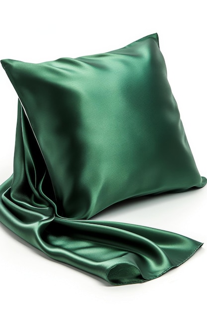 Photo elegant silk pillowcase side view deep jade green delicate silver patterns silky smooth fabric gentle draping natural light highlights oil painting style sophisticated ambiance