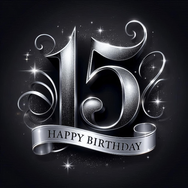 Elegant silver 15 with a banner wishing Happy Birthday on a dark background