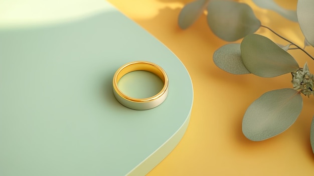 Photo elegant silver and gold ring placed on a pastel green surface with a yellow background and nearby eucalyptus leaves in natural light