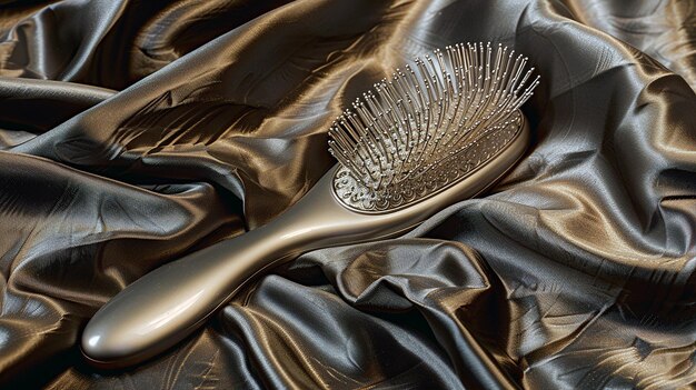 Photo elegant silver hairbrush on a luxurious silk vanity