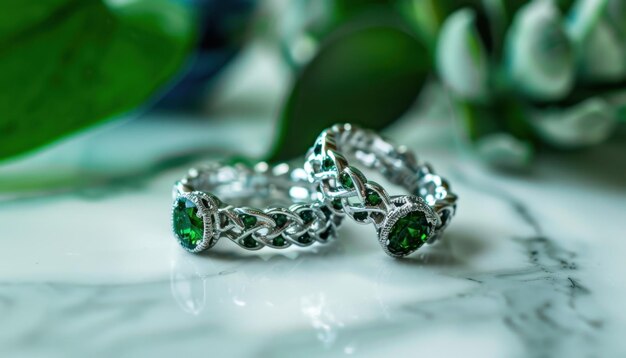 Photo elegant silver rings with green gemstones on a marble surface surrounded by greenery