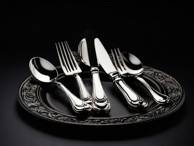 Photo elegant silverware set on a black background 8k view