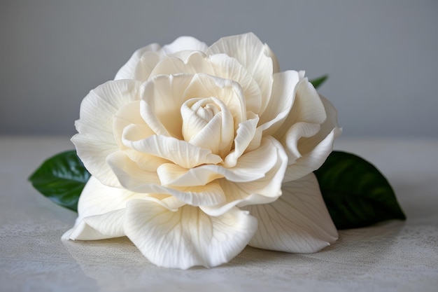 Elegant Single White Gardenia Flower with Green Leaves on Neutral Background Natural Beauty