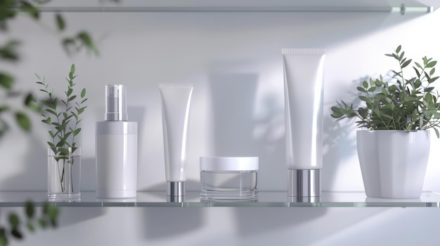 Elegant Skincare Products on Glass Shelf Minimalist Design AI Generative