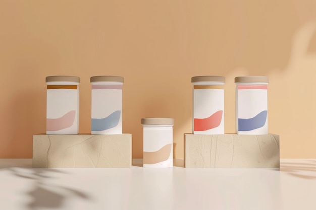 Elegant skincare products on pedestals against a pastel backdrop showcasing modern packaging