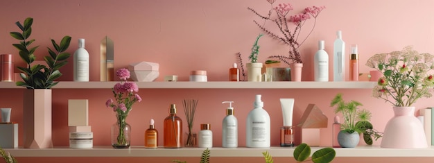 Photo elegant skincare products and plants on soft pink shelves