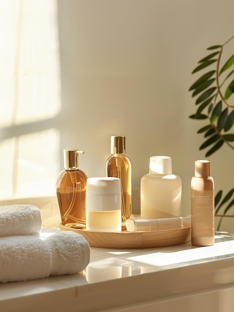 Elegant Skincare Products on Wooden Tray in Sunlit Bathroom AI Generative