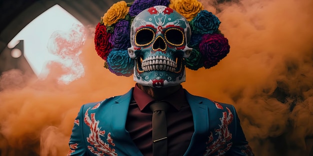 Elegant skull adorned with flowers and suited attire standing in the smoke Generative AI