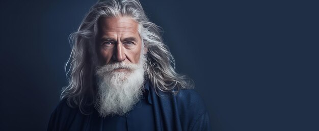 Elegant smiling elderly man with gray and long hair with perfect skin on dark blue background bann