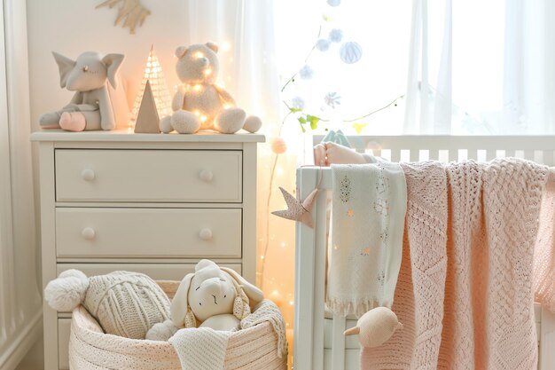 Photo elegant and softly toned nursery essentials on display