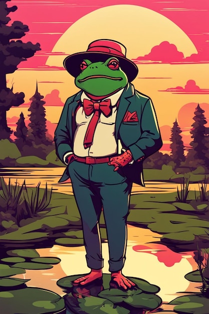 elegant southern cool frog smoking character near a pond at sunset cartoon illustration