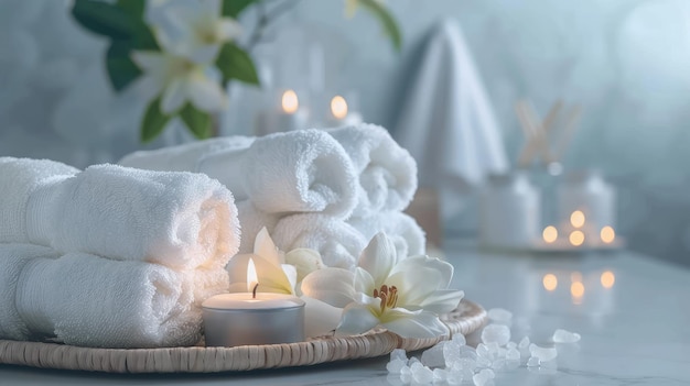 An elegant spa setting includes lit candles white towels and various wellness products