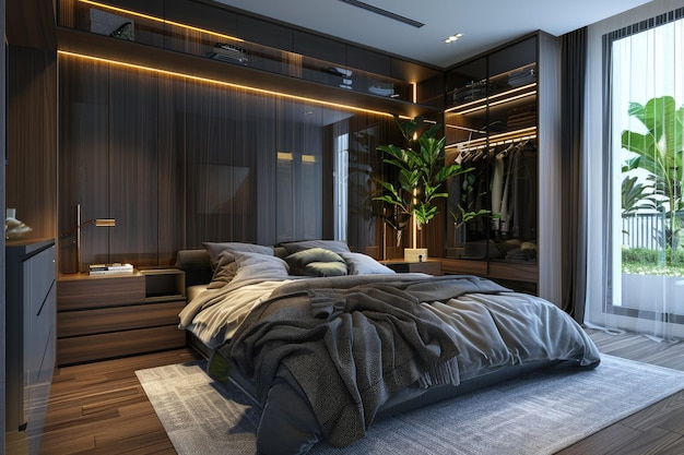 Elegant and Spacious Bedroom Design with Coat Cabinet and Plants