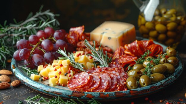 Photo elegant spanish ceramic plate in a rustic setting with manchego cheese chorizo slices marcona almon