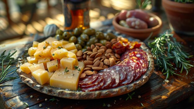 Photo elegant spanish ceramic plate with manchego cheese chorizo slices marcona almonds quince paste and a variety of olives