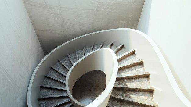 An elegant spiral staircase made of smooth white stone showcases a harmonious flowing design accentuated by the play of light and shadow