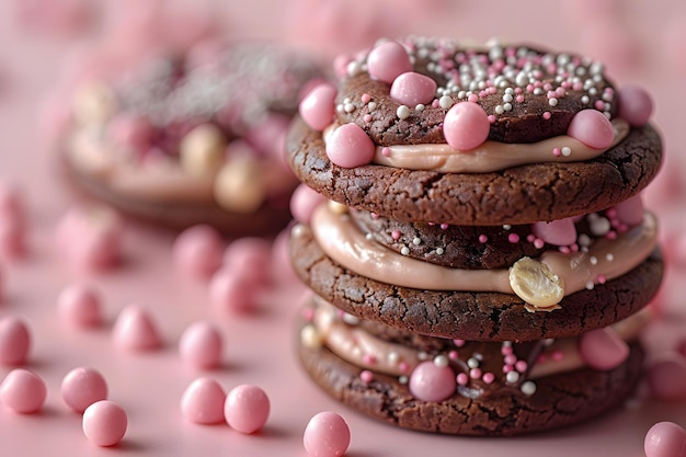 Elegant Stack of Chocolate Cookies with Pink Icing and Decorative Sprinkles for Dessert Concept