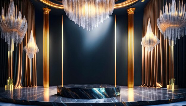 Photo elegant stage with golden columns and chandeliers