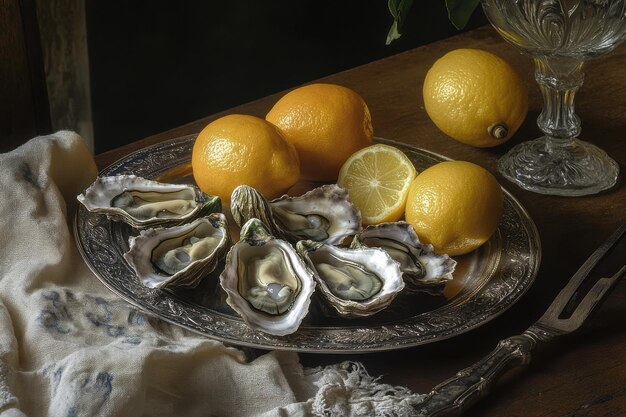 Photo elegant still life of oysters and fresh lemons on a rustic wooden table