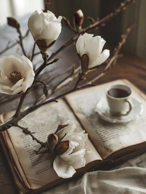 Photo elegant still life with magnolia flowers vintage book and coffee cup