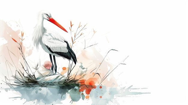 Photo elegant stork with baby bundle minimalistic drawing bright white background design