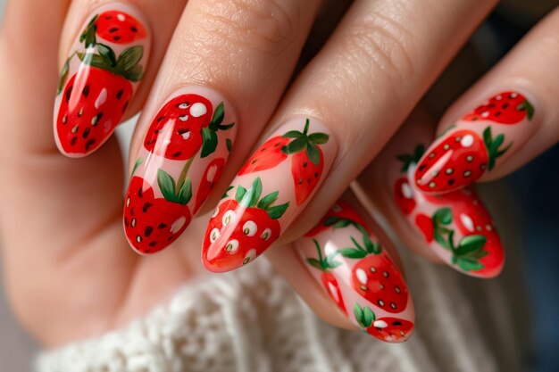 Elegant and stylish strawberrythemed manicure showcase featuring intricate fruitinspired nail art designs in fresh red colors A trendy and creative statement in hand care and beauty