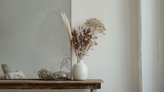 Photo elegant stylish wooden console with dried flowers bouquet