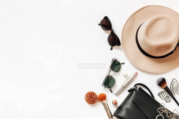 Photo elegant summer accessories arrayed neatly on bright white surface