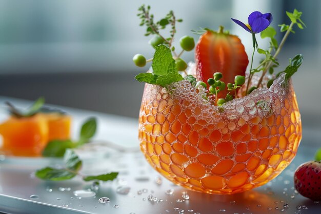 Elegant Summer Cocktail in Textured Glass with Fresh Strawberry Garnish Herbs and Beautiful