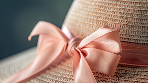 Elegant summer hat with a soft pink ribbon on a dark backdrop