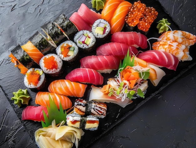 Elegant sushi platter with artistic garnishes placed on a sleek black surface with minimalist decor