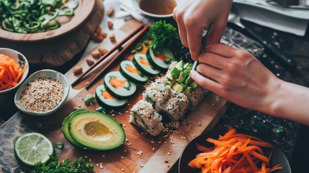 Elegant Sushi Preparation Artistic Arrangement of Fresh Ingredients