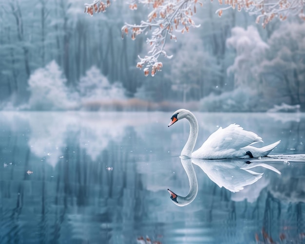 Elegant swan gliding across a tranquil lake