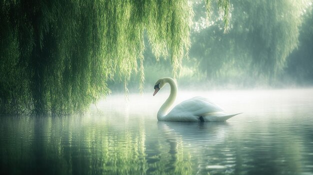 Photo elegant swan in misty morning