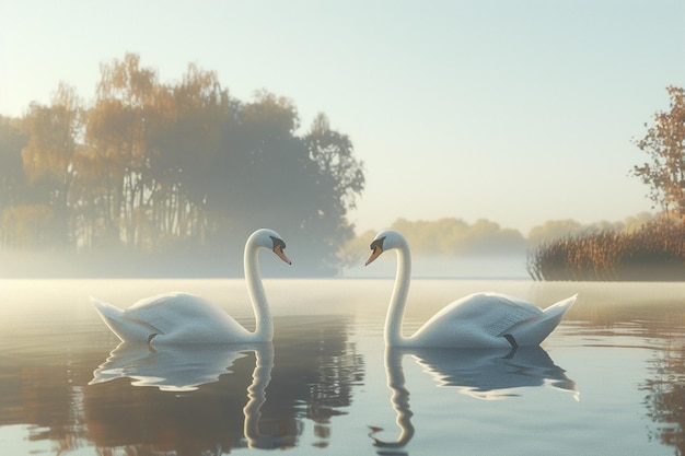 Elegant swans gliding across a serene lake