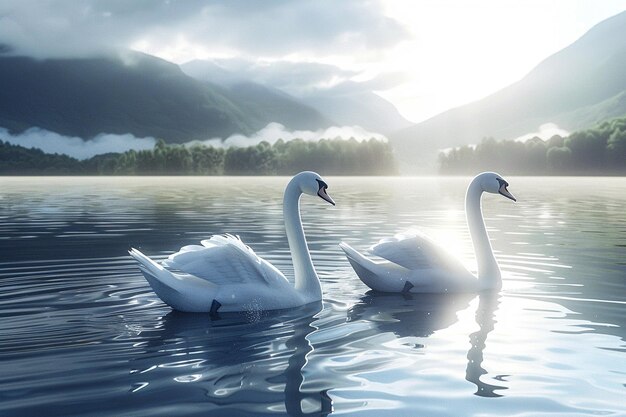 Elegant swans gracefully gliding on a lake