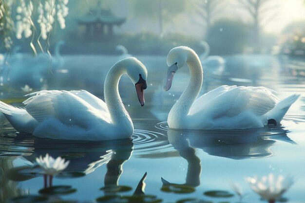 Elegant swans swimming in a pond