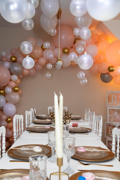 Elegant sweet table with sweets and decoration baby shower party