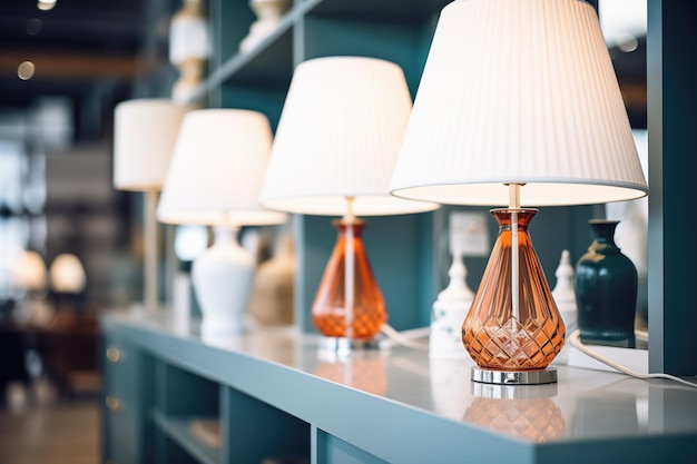 Photo elegant table lamps lit on a store shelf