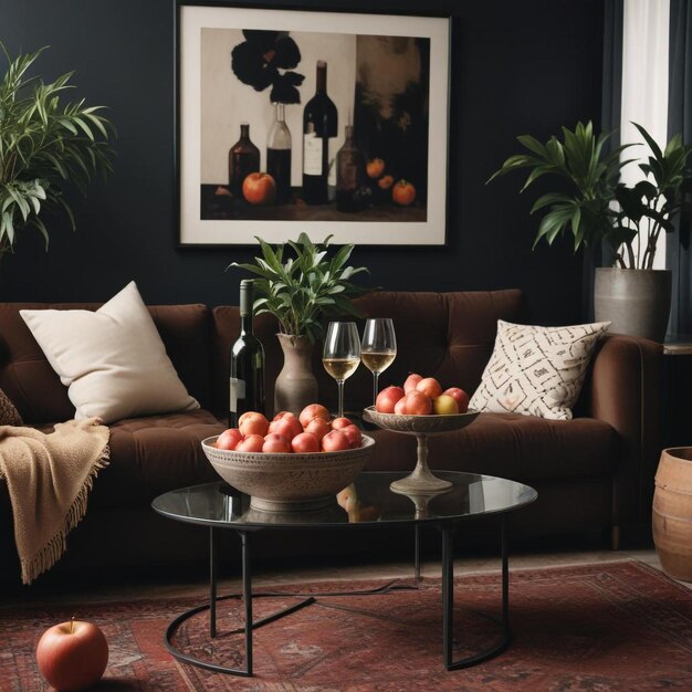 Photo elegant table setting with apples wine glasses and a bottle of wine for sophisticated gatherings