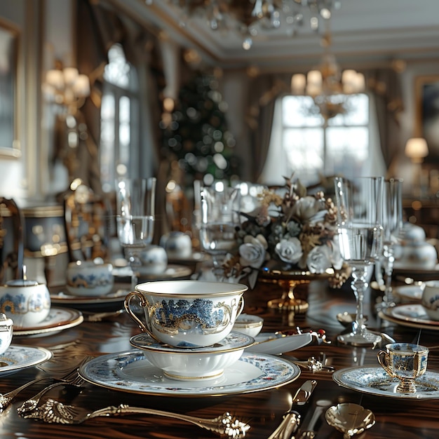 Photo elegant table setting with blue and gold china