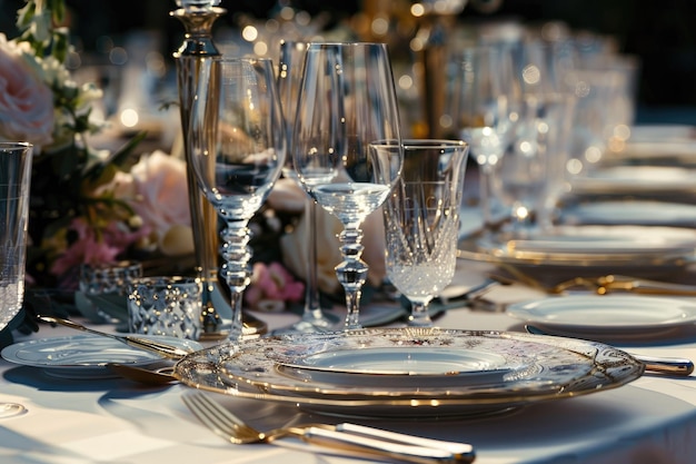 Elegant Table Setting with Crockery and Flowers for Party or Wedding