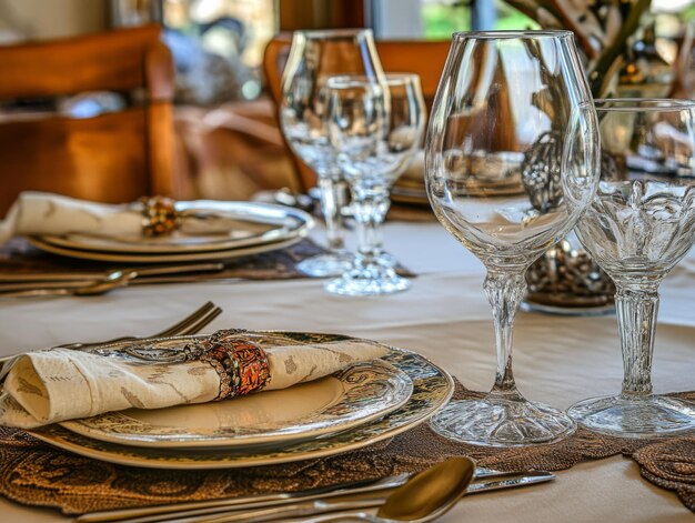 Photo elegant table setting with crystal glasses